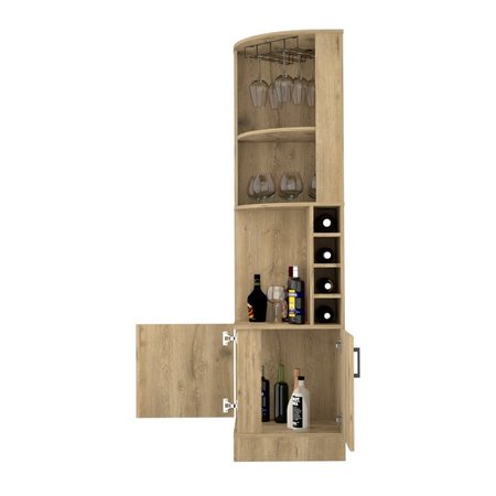 Tuhome Syrah Corner Bar Cabinet, Eight Bottle Cubbies, Double Door, Two Open Shelves, Macadamia BLM7787